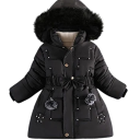 Giacca invernale da ragazza Chiusura con zip e bottoni Tasche con pompon Cappuccio con pelliccia Giacca invernale monocolore Caldo cotone 8