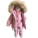 Giacca invernale e tuta unisex per bambini con zip e bottoni, cappuccio con pelliccia, set caldo in piuma in fibra di poliestere, abbigliamento invernale caldo 4