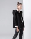 Giacca nera in cotone per donna con cappuccio e chiusura a bottoni a pressione Taglio ampio Striscia colorata sulla schiena Tasche oblique Bottoni 4