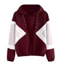 Giacca primavera donna con cappuccio e strisce a contrasto a forma di frecce Chiusura con zip Cordini regolabili Due tasche Orlo 4