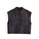 Gilet court matelassé noir pour femme avec col de chemise Matelassage en losanges Fermeture par pressions Deux poches poitrine à rabat Polyester 1