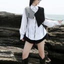 Gilet da donna asimmetrico senza maniche con legatura Nero con parte in motivo pied de poule Scollatura a V e tasca Cotone Sopra camicia o blusa 3