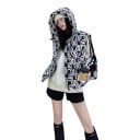 Gilet da donna con cappuccio e chiusura a zip su tutta la lunghezza con motivo bianco e nero su tutta la superficie e tasche 5