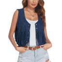 Gilet da donna con frange e bottoni senza maniche in poliestere blu corto per abbigliamento casual e stratificazione estiva 2