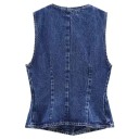 Gilet da donna in denim senza maniche con bottoni in cotone e poliestere blu per uso quotidiano e layering in città 6