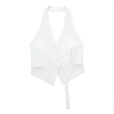 Gilet élégant pour femmes en couleur unie avec décolleté en V et poches Gilet en polyester stylé avec bretelles autour du cou et lien à nouer 3