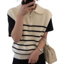 Gilet en tricot blanc pour femmes avec des rayures noires sans manches avec col et zip au cou et bords côtelés taille unique 6