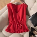 Gilet en tricot pour femmes sans manches avec décolleté en V Lien à nouer à la taille Ourlet volanté Tricot côtelé fin en polyester 4