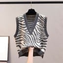 Gilet en tricot sans manches pour femmes avec motif zèbre Col en V Bords côtelés Polyester Pour chemise et t-shirt à manches longues 2