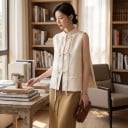 Gilet jacquard da donna in stile cinese con colletto e bottoni decorativi a nodo con lunghe stringhe e spacco laterale 3