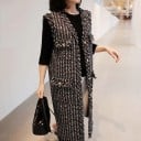 Gilet lungo da donna senza maniche in stile tweed A scacchi bianco e nero Bordi sfrangiati Bottoni dorati Tasche a bavero Poliestere e cotone 2