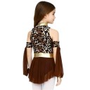 Girls' Dance Jumpsuit with Leopard Print and Tulle Skirt, Brown Nylon and Elastane Jumpsuit with Gold Belt for Jazz and Modern Dance 2
