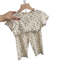 Girls' Floral Set T-Shirt with Short Sleeves and Elasticated Trousers O-Neck Summer Set Made of Cotton and Polyester 2