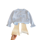 Girls' Knitted Cardigan with Bow Blue Sweater with Round Neck and Buttons Cotton Cute Children's Top Elegant Jacket for Little Girls Spring Autumn 2