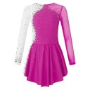 Girls' Long Sleeve Figure Skating Dress with Rhinestones, Two-Coloured Dance Costume Made of Mesh and Polyester for Competitions and Training 3