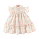 Girls' Summer Dress with Tulip and Bunny Print and Bow with Short Cap Sleeves for Little Ones in Pink for Summer and Celebrations 2