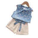 Girls' Summer Set Beige Shorts with Bow and Top with Floral Pattern V-Neck with Tie 6