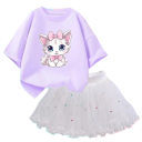 Girls' Summer Set T-Shirt with Short Sleeves and White Skirt O-Neck Cat Print Cotton Polyester Stylish Outfit 3