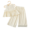 Girls' Summer Set with Button-Down Tank Top and Elasticated Trousers in Beige with Black Dots 1