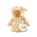 Girls' Winter Jacket with Strawberry Pattern, Button Fastening, Hood with Bunny Ears and Ruffles, Warm Polyester Coat with Plush Handbag 3