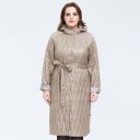Giubbotto lungo da donna trapuntato con cappuccio e cintura per primavera e autunno Lunghezza sotto il ginocchio Fodera stampata Bottoni 1