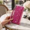 Glanzend flipcase voor Samsung Galaxy S24 Ritszak en kaarthouder Polsbandje Materiaal PU leer Boekhoes voor mobiel 17