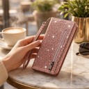 Glitrende flip-cover til Samsung Galaxy S24+ Lynlås lomme og kortplads Håndledsrem PU læder 13