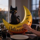 Globo Inflable de Pie en Forma de Luna con Gato Negro Happy Halloween 75 x 78 cm Amarillo Naranja y Negro Decoración Halloween para el Hogar 3