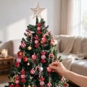 Globuri de Crăciun din zahăr Picături spirale 6 buc Cu capac auriu și cârlig 11 x 3 cm Model strălucitor răsucit Culoare roșu-alb Pentru brad 4