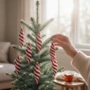 Globuri de Crăciun din zahăr Picături spirale 6 buc Cu capac auriu și cârlig 11 x 3 cm Model strălucitor răsucit Culoare roșu-alb Pentru brad 6