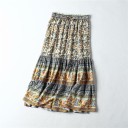 Gonna lunga da donna a strati con motivo ornamentale in stile boho Vita elastica con cordoncino Volant arricciati Seta artificiale e cotone 1