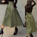 Gonna lunga da donna con vita alta e fiocco sul retro Taglio a trapezio con pieghe Verde oliva Cotone e spandex Per un uso quotidiano 2