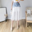 Gonna midi da donna con parte in denim azzurro e tulle bianco Alta vita con bottoni e tasche Sottogonna in denim e poliestere 1