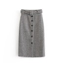 Gonna midi dritta da donna con motivo pied de poule Nero e Bianco Serie di bottoni decorativi davanti Cintura larga in vita Spacco Poliestere 1