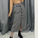 Gonna midi dritta da donna con motivo pied de poule Nero e Bianco Serie di bottoni decorativi davanti Cintura larga in vita Spacco Poliestere 3