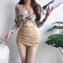 Gonna mini a coste da donna con vita alta Vestibilità aderente Arricciatura laterale con cordoncino Bordo ondulato in cotone e spandex 6