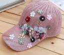 Gorra de punto para mujer decorada con flores de tela, perlas y piedras Gorra de béisbol de algodón y lino Para circunferencia de cabeza de 55 3