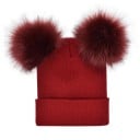 Gorro de punto para mujer con dos pompones de piel sintética Gorro cálido con dobladillo Tela de punto de algodón para días fríos 3