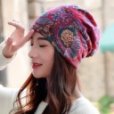 Gorro feminino caído com padrão floral Nó franzido na parte de trás em estilo de turbante Feito de algodão Para a primavera e outono Para a cidade 11