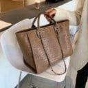 Grand sac à main shopper pour femmes 41 x 26 x 18 cm Cuir synthétique avec embossage crocodile Ans anses courtes et anses en chaîne à porter 5