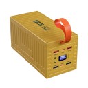 Gul powerbank med rem og stor batterikapacitet. 60000 mAh Li-Po batteri. Bærbar ladestation med dobbelt LED-lommelygte og LCD-display. Hurtigopladning. 14,5 x 7,5 x 7 cm. 1