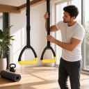 Gymnastické kruhy trojúhelníkové 14 x 11 cm pár s popruhy 2 m a přezkou se žlutou páskou na úchop černé na shyby kalisteniku a posilování 7
