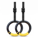 Gymnastische ringen 17,5 x 2,5 cm paar met lange riemen 2 m in opgevouwen toestand en gesp zwart met gele tape voor hoge rek en boom 1