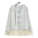 Γυναικεία ανοιχτό μπλε μπλούζα ελεύθερης γραμμής με μακριά μανίκια, V-λαιμό, διακοσμητικά κουμπιά και δαντέλα στο τελείωμα και στα μανίκια 6