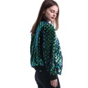 Γυναικεία bomber jacket με πράσινες και μπλε παγιέτες Ρομβοειδές σχέδιο σε μαύρο φόντο Μαύρος ριγέ γιακάς και λεπτομέρειες Φερμουάρ και τσέπες 3