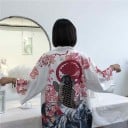 Γυναικεία ελεύθερη μπλούζα σε στυλ κιμόνο με μεγάλο τύπωμα ψαριού στην πλάτη Φαρδιά μανίκια Σχέδιο λουλουδιών και κυμάτων Πολυεστέρας με σπάντεξ 1