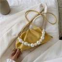 Γυναικεία μικρή τσάντα με ρυτιδωτό μαλακό σχήμα και διακοσμητικό αυτί από μαργαριτάρια Μακρύ λεπτό λουρί στον ώμο Τεχνητό δέρμα 25 x 13 6