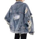 Γυναικεία oversize τζιν ζακέτα με σκισμένα στοιχεία Μεγάλη κοπή στην πλάτη Φαρδιά μανίκια Ξεθωριασμένο εφέ Μπλε Πολυεστέρας με βαμβάκι και σπαντέξ 1