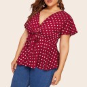 Γυναικεία πουκαμίσα plus size με πουά Επικαλυμμένο V ντεκολτέ Ζώνη με φιόγκο στη μέση Κοντά φαρδιά μανίκια Βολάν Πολυεστέρας 6