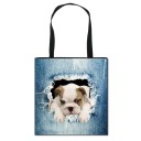 Γυναικεία τσάντα shopper με ρεαλιστική εκτύπωση ζωάκι που ξεπροβάλλει από σκισμένο τζιν Ύφασμα και πολυεστέρας Μαύρες λαβές Τετράγωνη μορφή 8